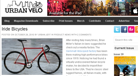 Urban Velo features article about Iride bicycles Magazine photo about IRIDE high performance and components