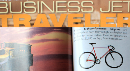 Business-Jet-Traveler-magazine-IRIDE-Italian-Bicycles, featuring photo and article about Iride bicycles. Magazine photo about IRIDE high performance and components