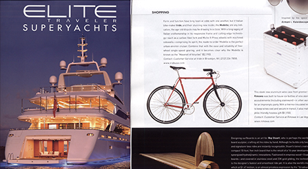 Elite Traveler Magazine, a print quarterly Superyachts issue, featuring photo and article about Iride bicycles. Magazine photo about IRIDE high performance and components