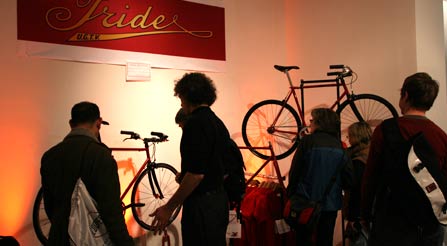 Here are the two new roadsters, plus you can see the really nice Iride t-shirts.image of f-new-york-city-bicycle-trade-show-gran-fondo-iride-bicycles-urban-riding-specialists-high-performance-street-speed-artisanally-made-bikes-by-hand-show-with-curious-participants